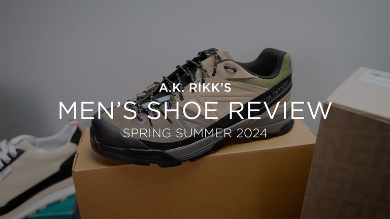 image with text "A.K. Rikk's Men's Shoe Review Spring Summer 2024" image is of a hiking shoe in green and tan