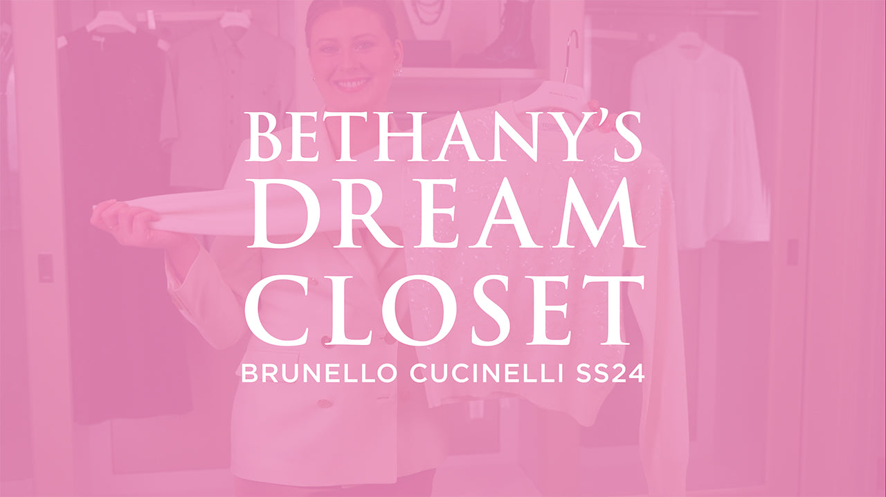 image with text "Bethany's Dream Closet Brunello Cucinelli SS24" image is of a woman in a whiet blazer holding up a speckled cashmere sweater