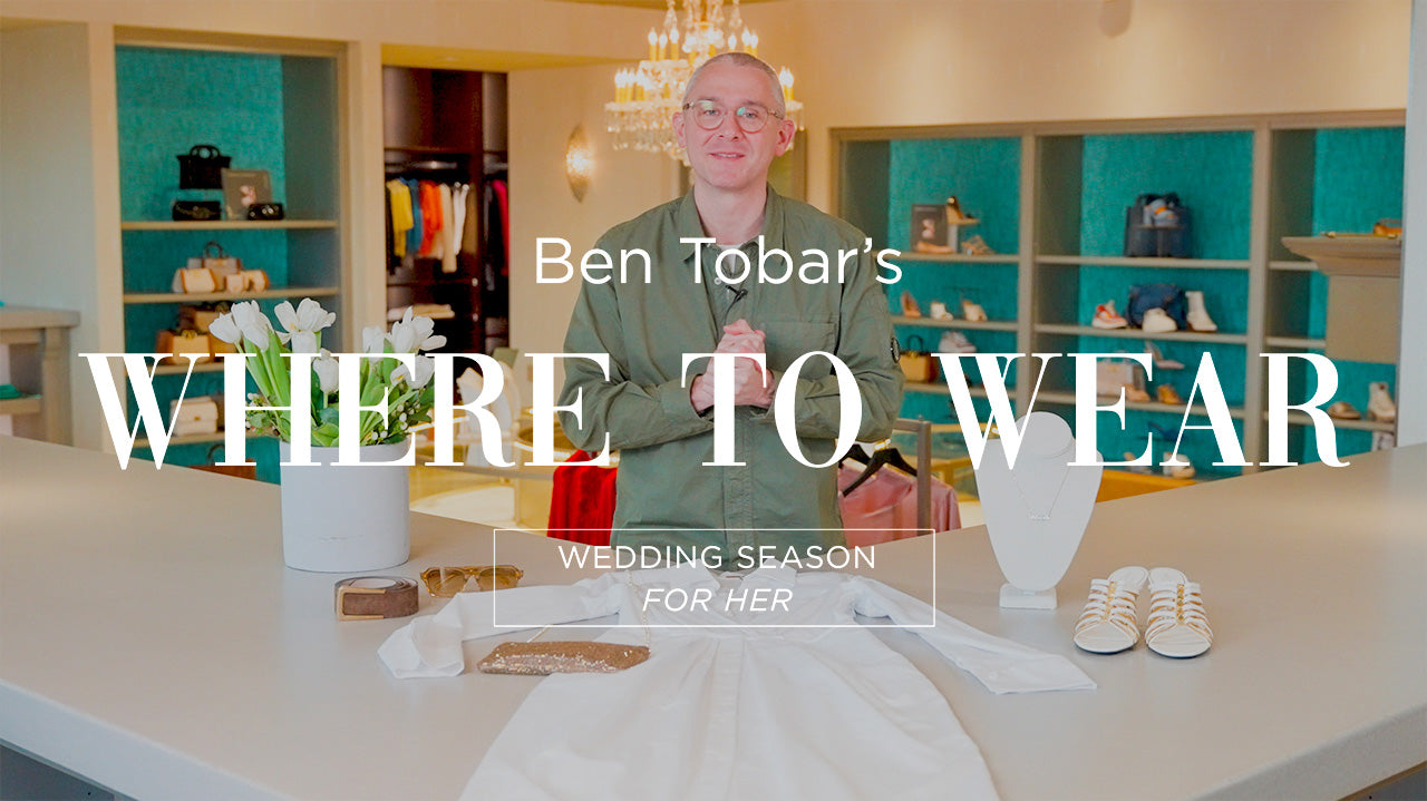 image with text "Ben Tobar's Where to Wear Wedding Season for Her" image is of personal shopper Ben Tobar standing in front of a white dress and outfit for a bride to be