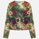 Delaina Printed Mesh Long Sleeve Crop Top