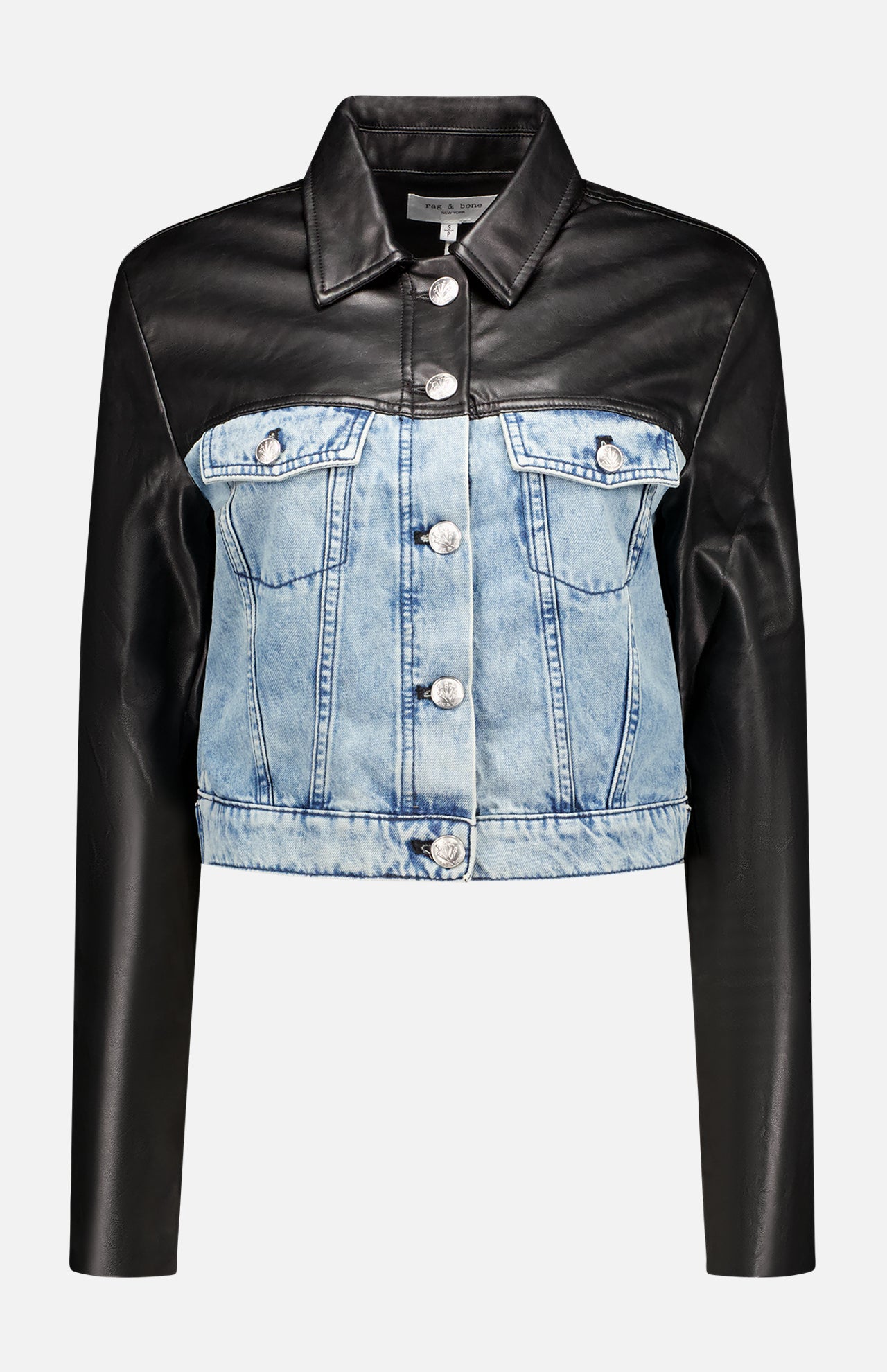 Womens denim jacket with faux leather sleeves online