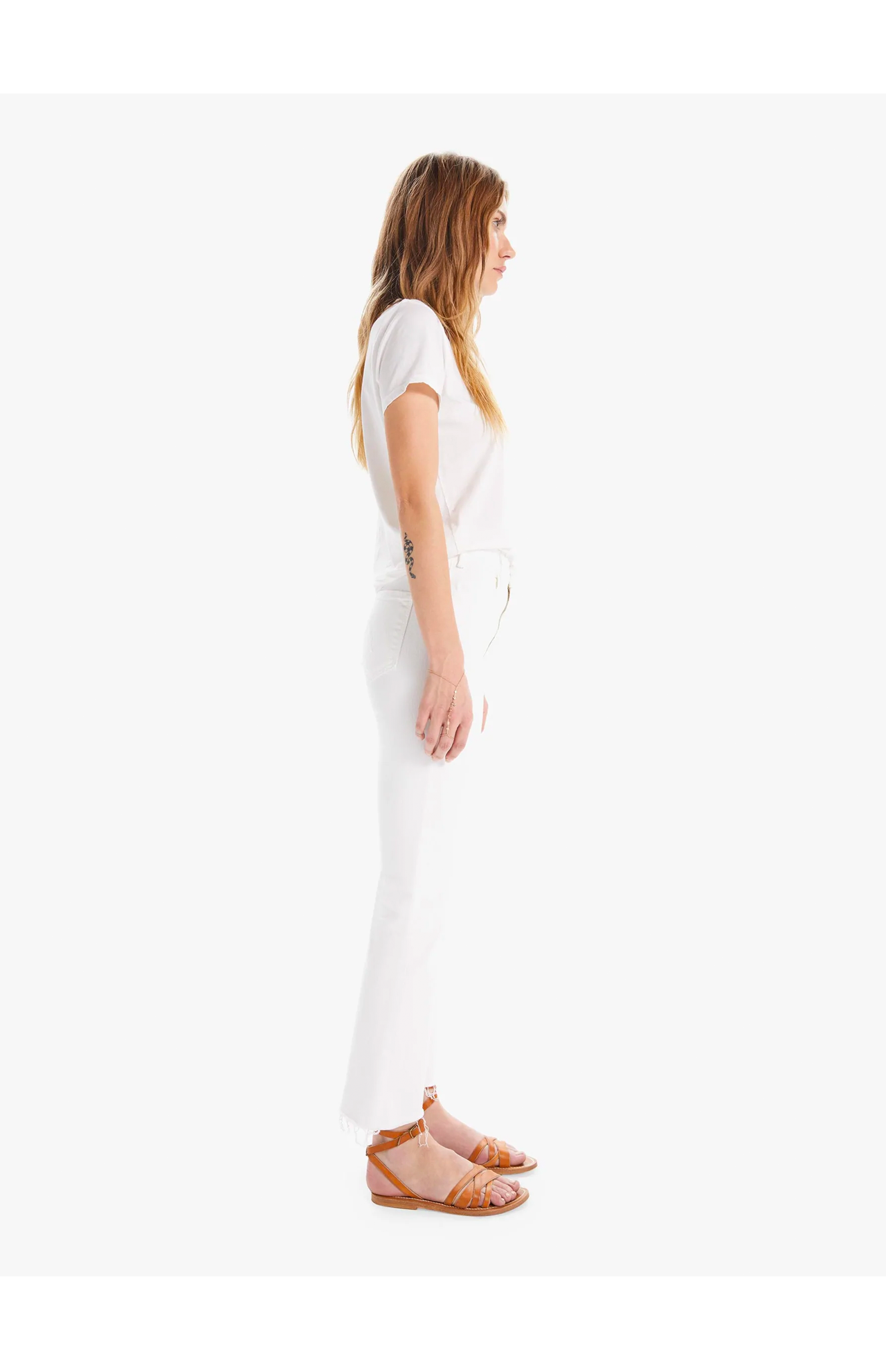 Mother The Hustler Ankle Fray Jeans White Side Profile Model Image (6856365604979)