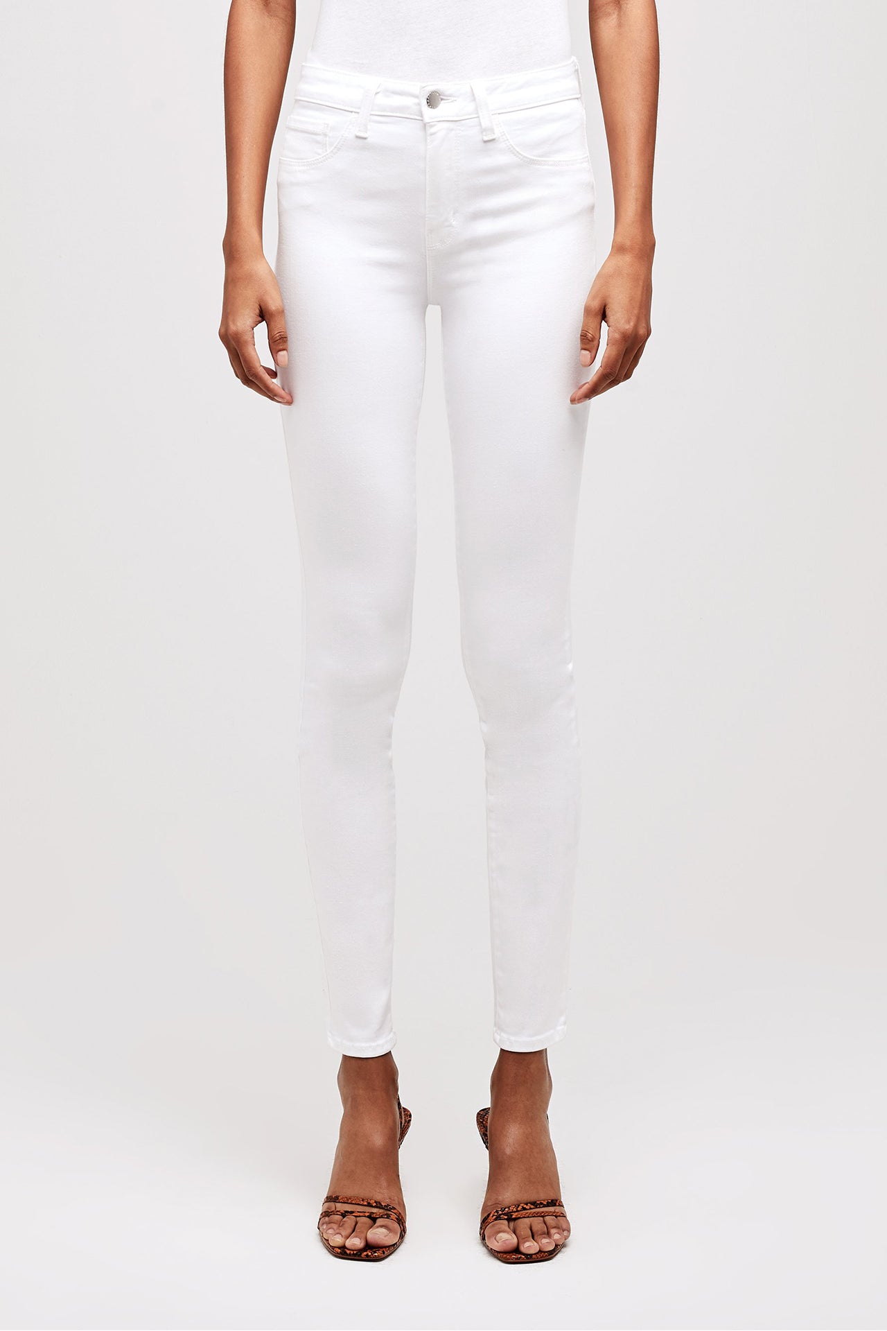 Lagence Marguerite High Rise Skinny Blanc Front Model Close Up Image (6537924640883)