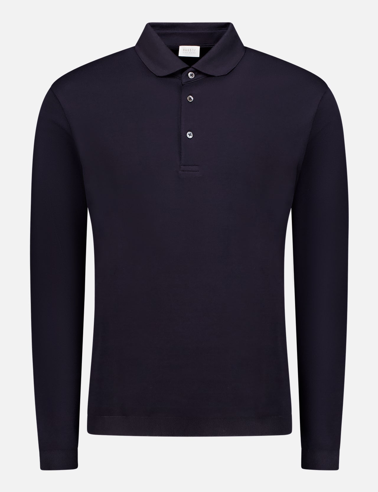 The Long Sleeve Travel Polo Shirt by 04651/ A TRIP IN A BAG is a black, 100% cotton men’s polo with a collar and three-button front—an essential, classic piece shown against a white background.