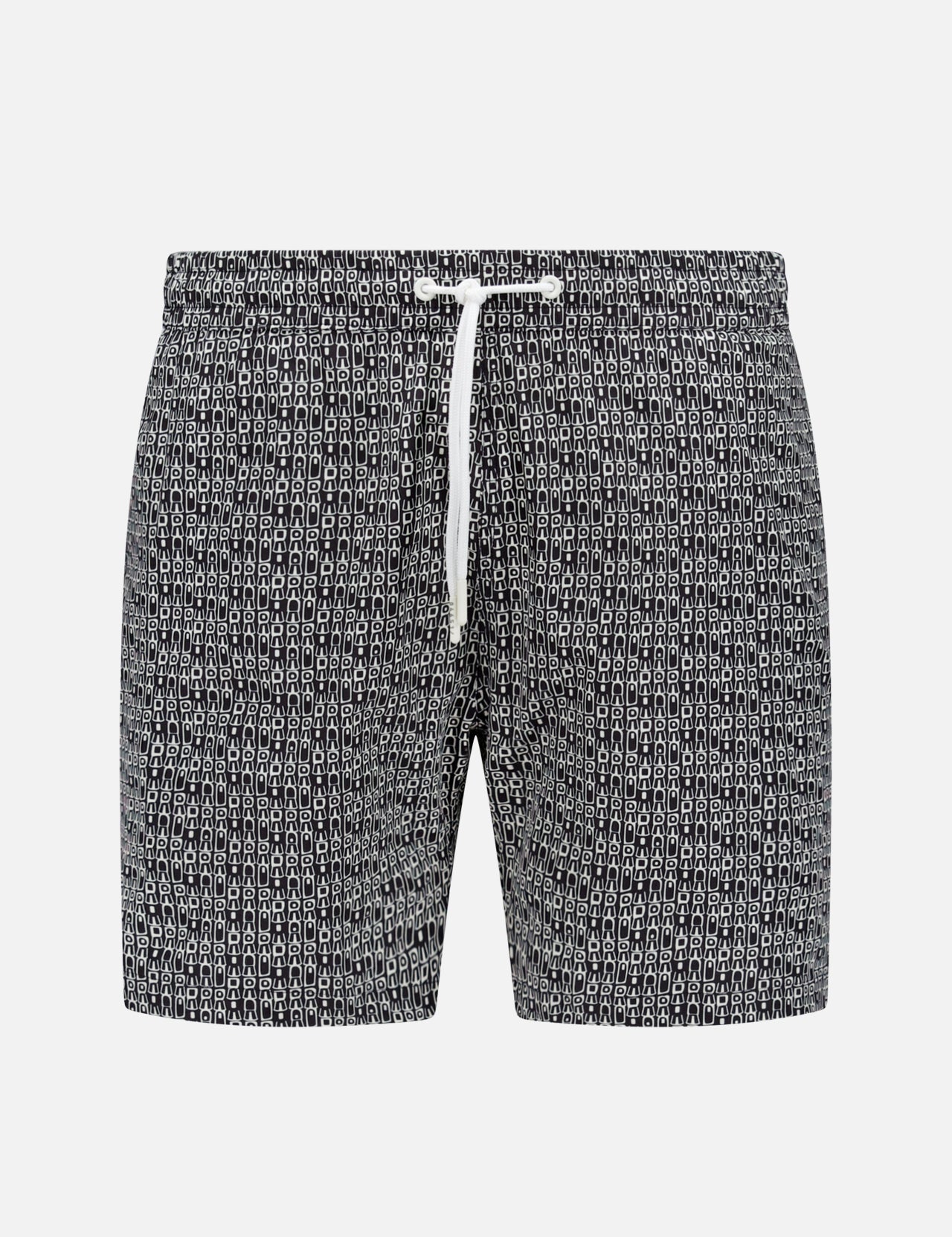 The Abstract Swim Trunk by 04651/ A TRIP IN A BAG features a black and white abstract print and a white drawstring waist, shown on a plain white background—ideal standout men’s beachwear.