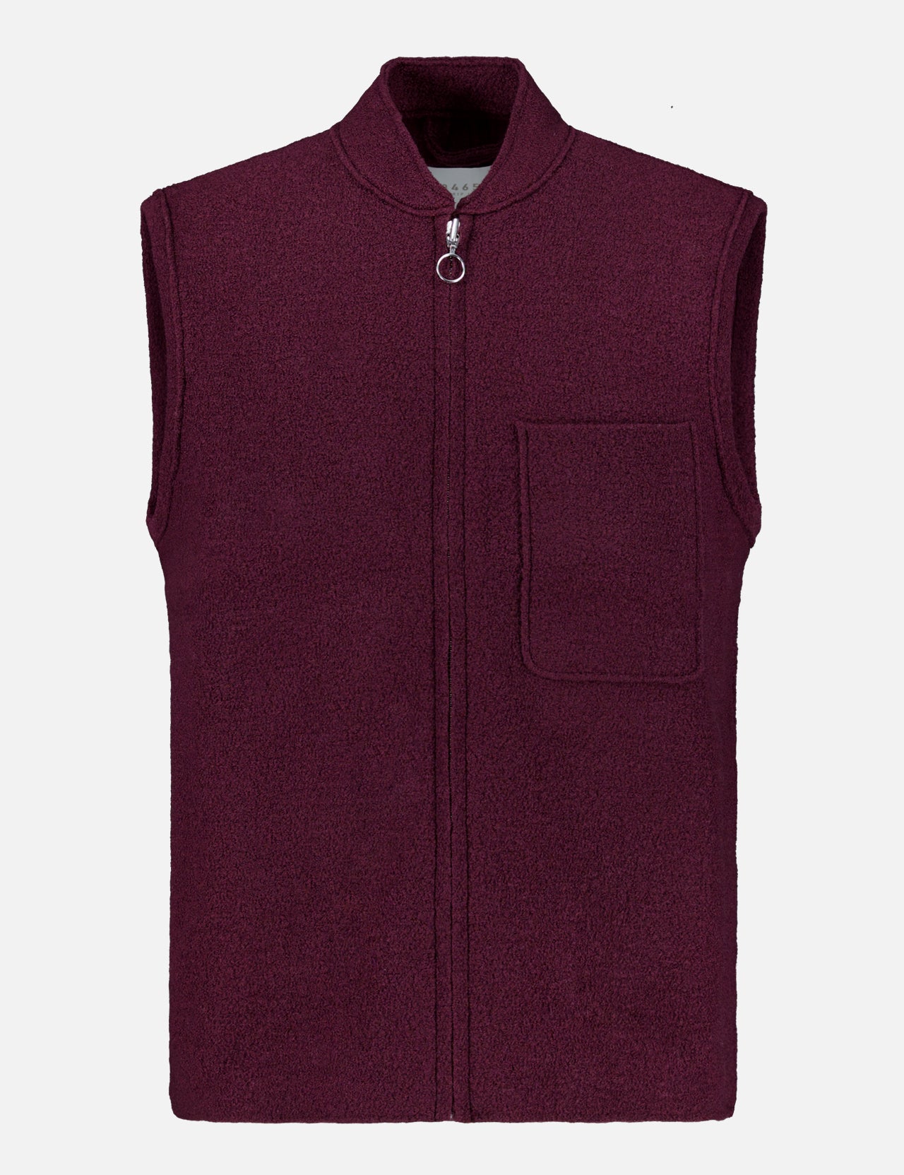 A sleeveless Boiled Virgin Wool Vest by 04651/ A TRIP IN A BAG, in a wine tone, crafted from soft fleece, featuring a front zipper and a single chest pocket, displayed on a plain white background.