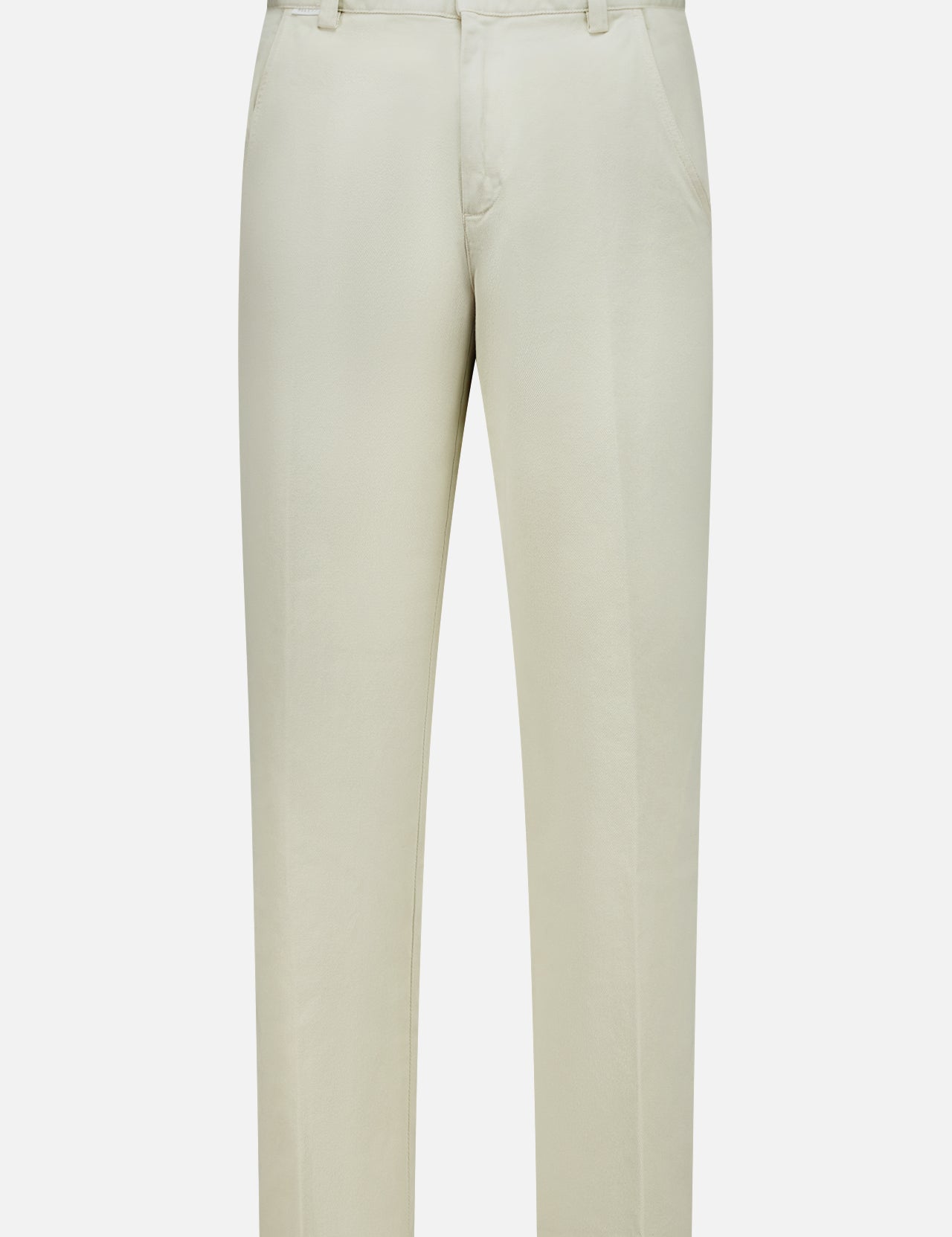 The Bull Denim 5-Pocket Pants by 04651/ A TRIP IN A BAG are beige, straight-leg cotton-blend travel pants featuring belt loops, side pockets, and a button closure, shown against a plain white background.