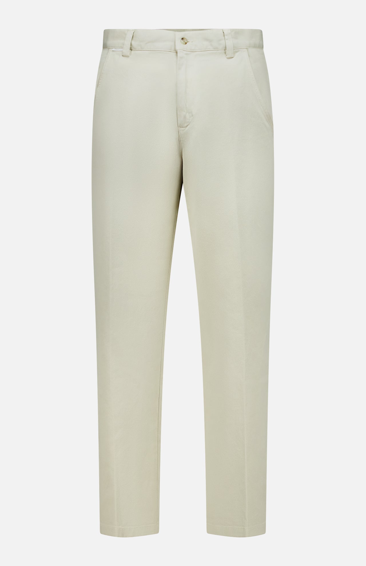 The Bull Denim 5-Pocket Pants by 04651/ A TRIP IN A BAG are beige, straight-leg cotton-blend travel pants featuring belt loops, side pockets, and a button closure, shown against a plain white background.