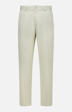 The Bull Denim 5-Pocket Pants by 04651/ A TRIP IN A BAG are beige, straight-leg cotton-blend travel pants featuring belt loops, side pockets, and a button closure, shown against a plain white background.