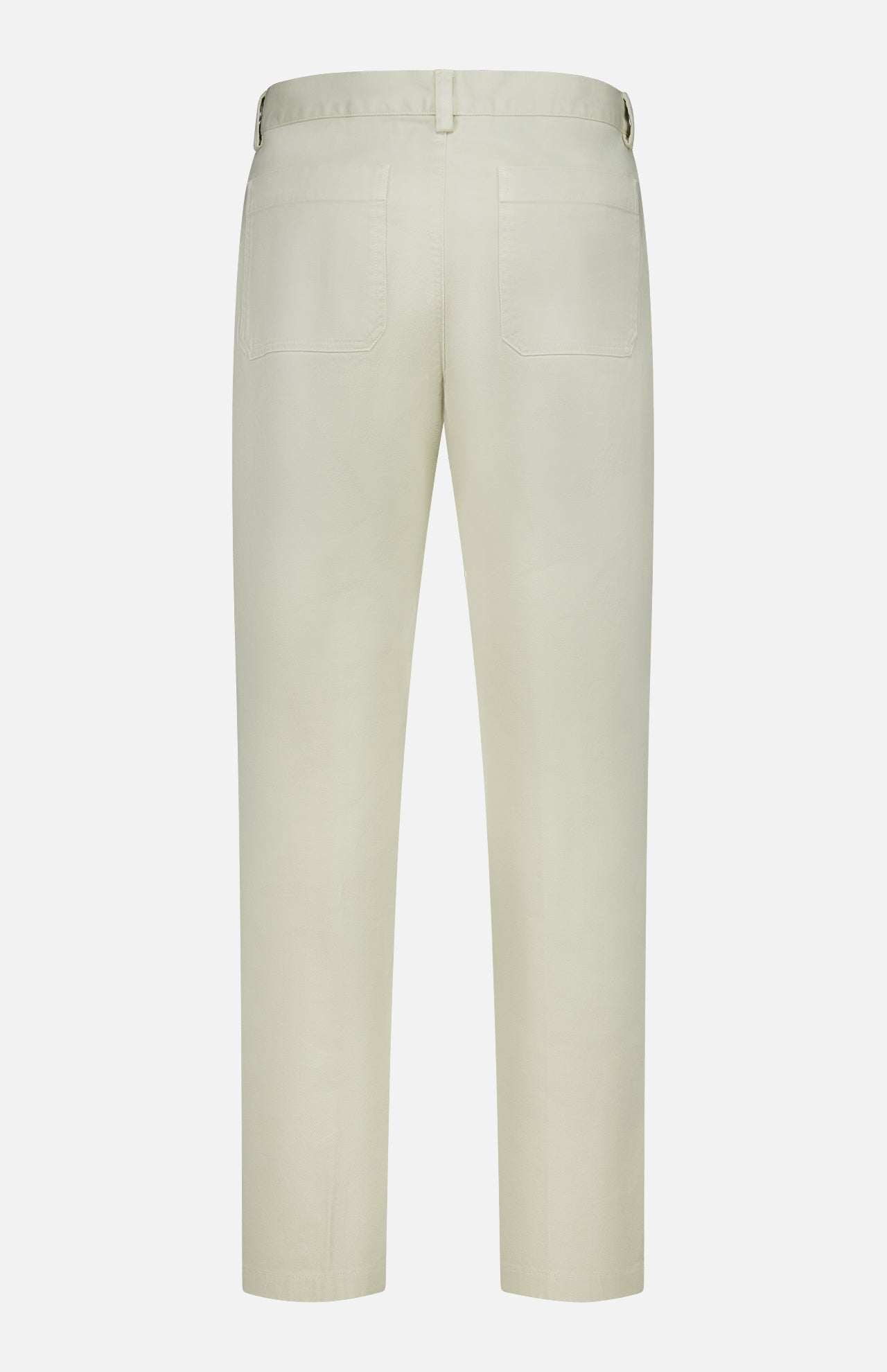 The Bull Denim 5-Pocket Pants by 04651/ A TRIP IN A BAG are shown from the back in beige cotton-blend fabric, featuring two rear pockets, straight legs, and belt loops at the waistband. These versatile neutral pants are displayed against a plain white background.