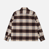 Back view of a brown and cream plaid Checkered Overshirt by 04651/ A TRIP IN A BAG featuring a button-down design and long sleeves.