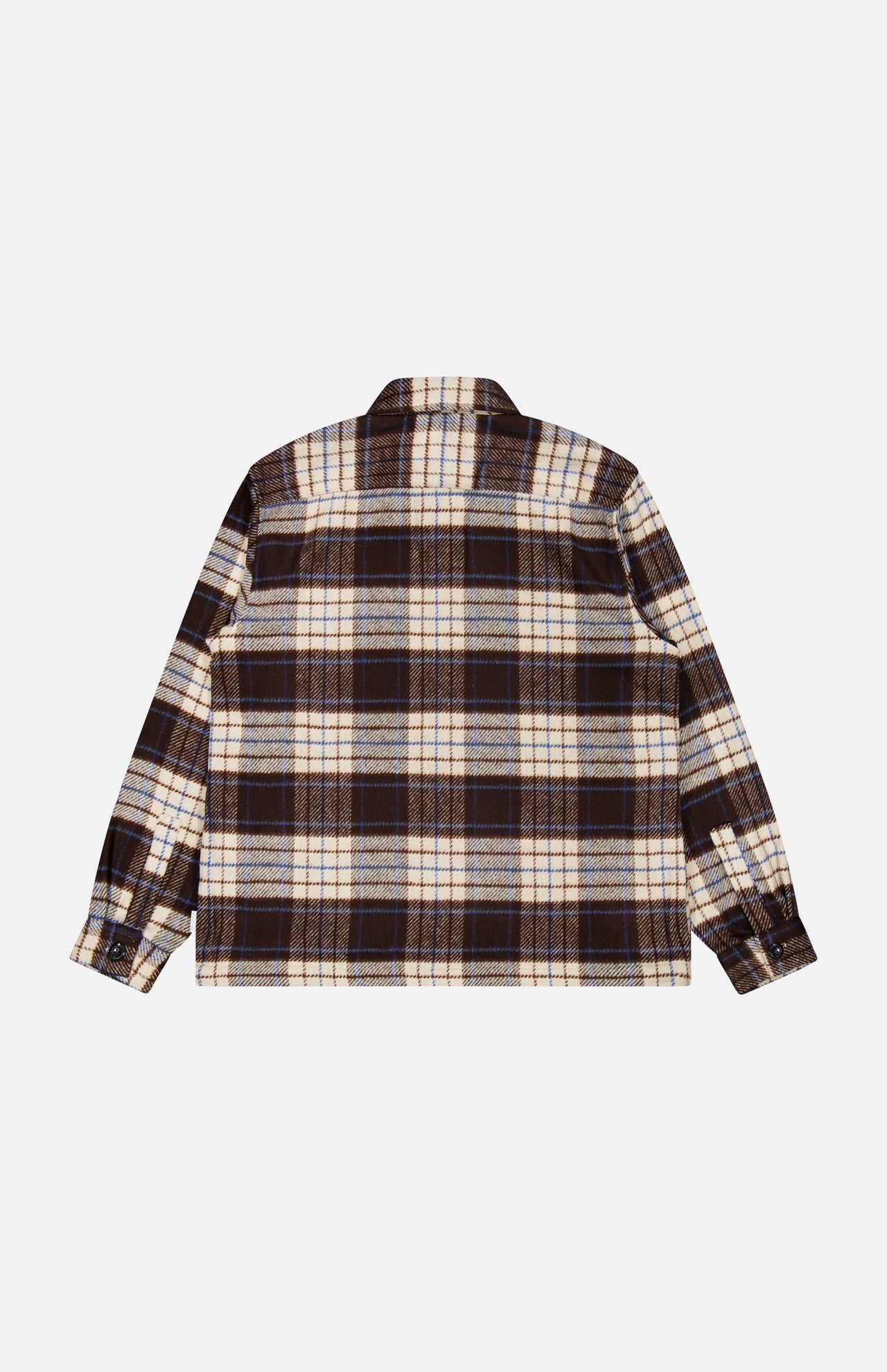 Back view of a brown and cream plaid Checkered Overshirt by 04651/ A TRIP IN A BAG featuring a button-down design and long sleeves.