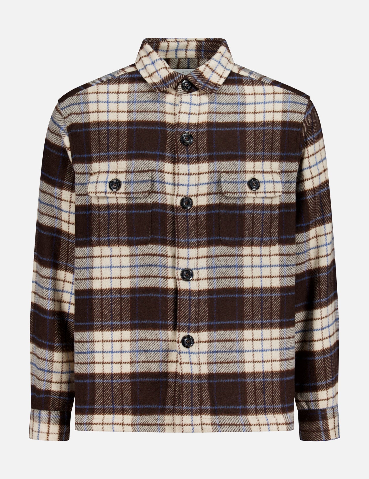 04651/ A TRIP IN A BAG Checkered Overshirt, a long-sleeved button-up travel shirt in a brown, cream, and blue plaid pattern with two buttoned chest pockets.