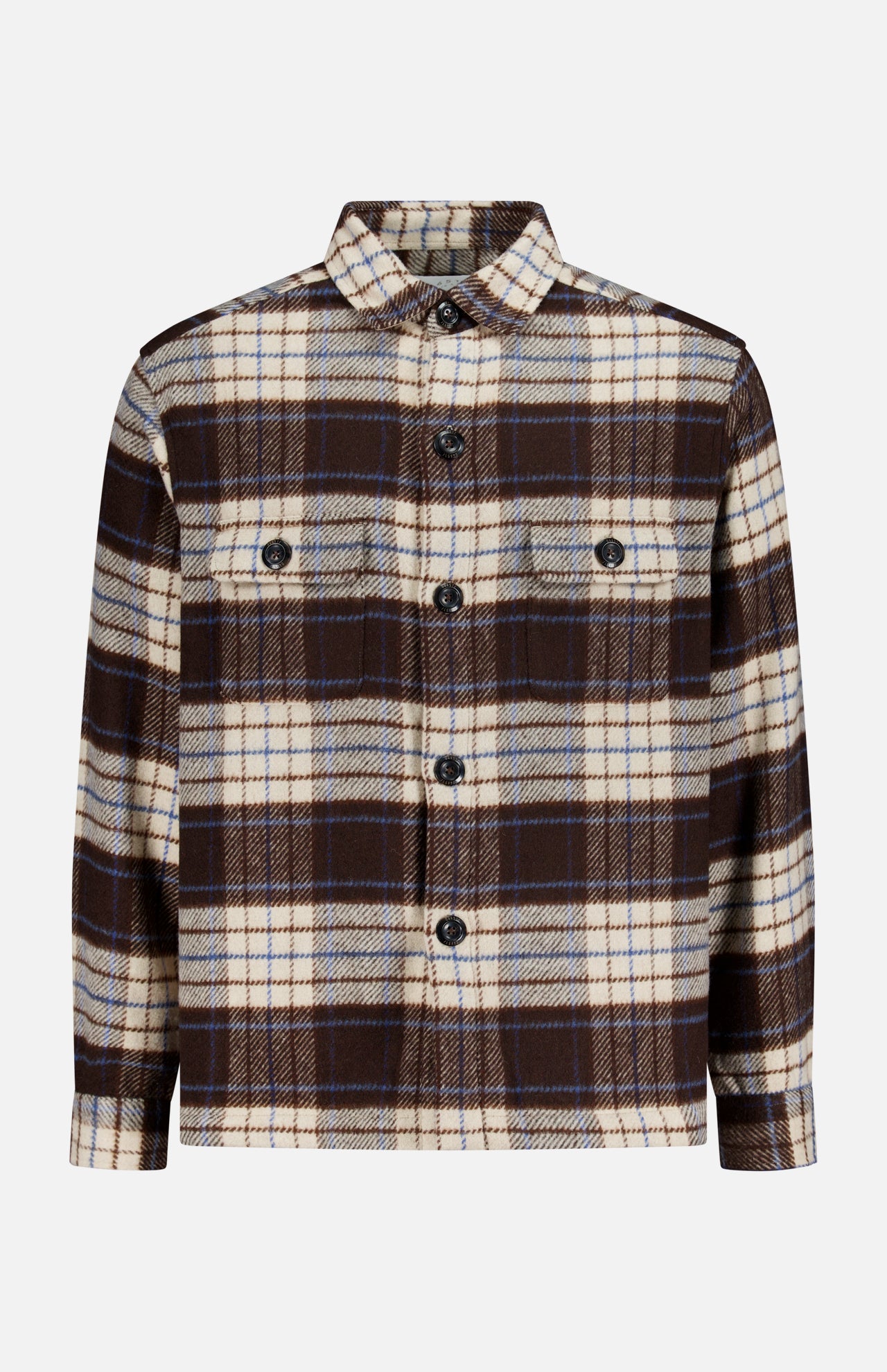04651/ A TRIP IN A BAG Checkered Overshirt, a long-sleeved button-up travel shirt in a brown, cream, and blue plaid pattern with two buttoned chest pockets.