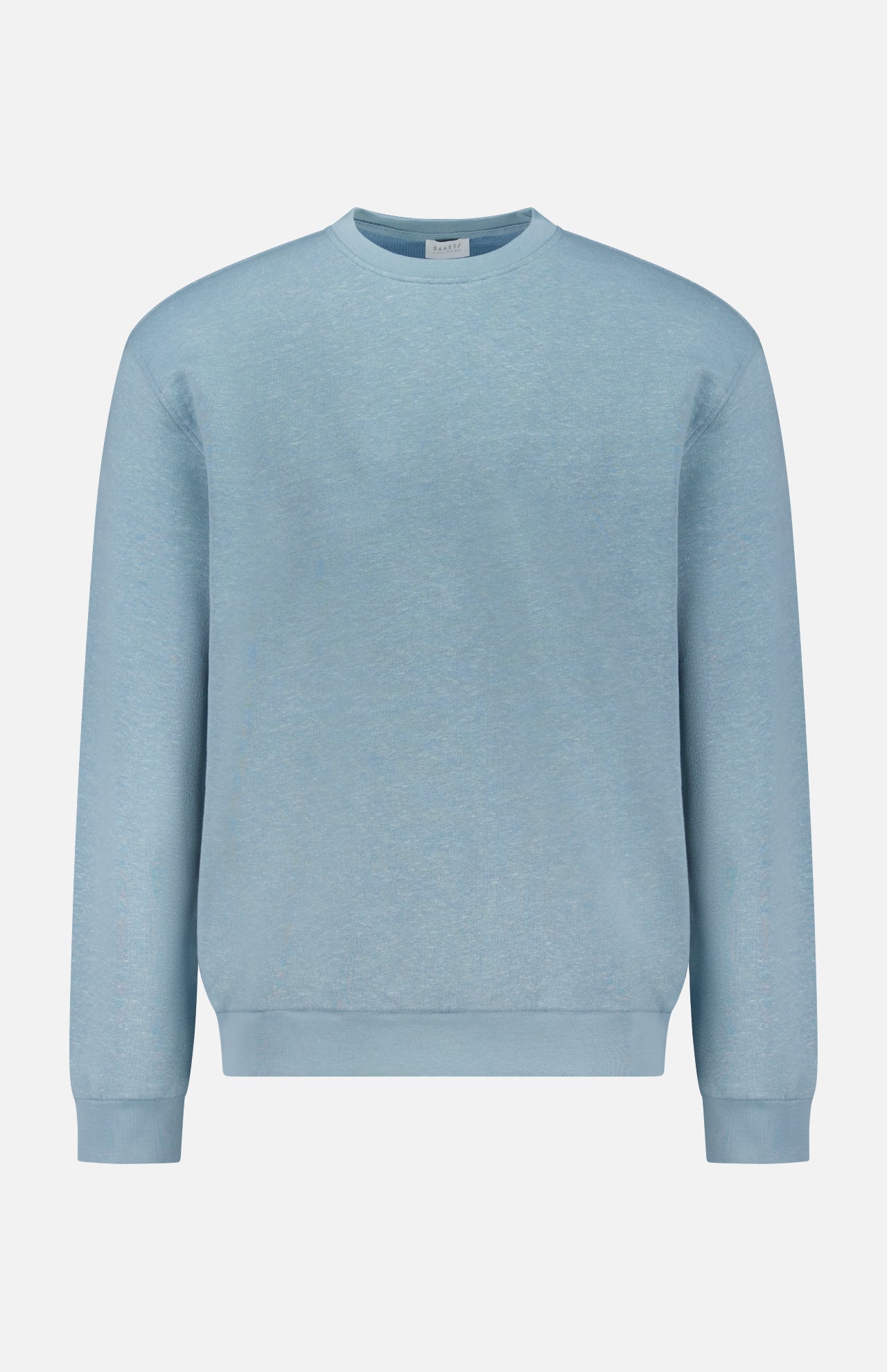 The Cotton Linen Crewneck Sweatshirt by 04651/ A TRIP IN A BAG is a light blue, long-sleeve crewneck with ribbed cuffs and waistband, made from organic cotton, shown on a white background.