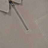 04651/ A TRIP IN A BAG CW Quarter Zip Polo Pullover in a taupe wool-cotton blend, featuring a silver ring-pull zipper and a pale green inner collar.