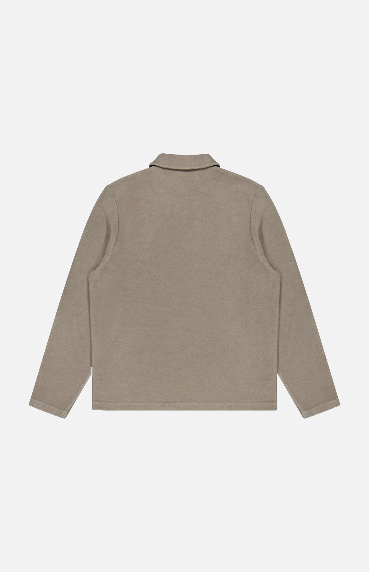 Back view of a tan CW Quarter Zip Polo Pullover by 04651/ A TRIP IN A BAG with long sleeves and a collared neckline.
