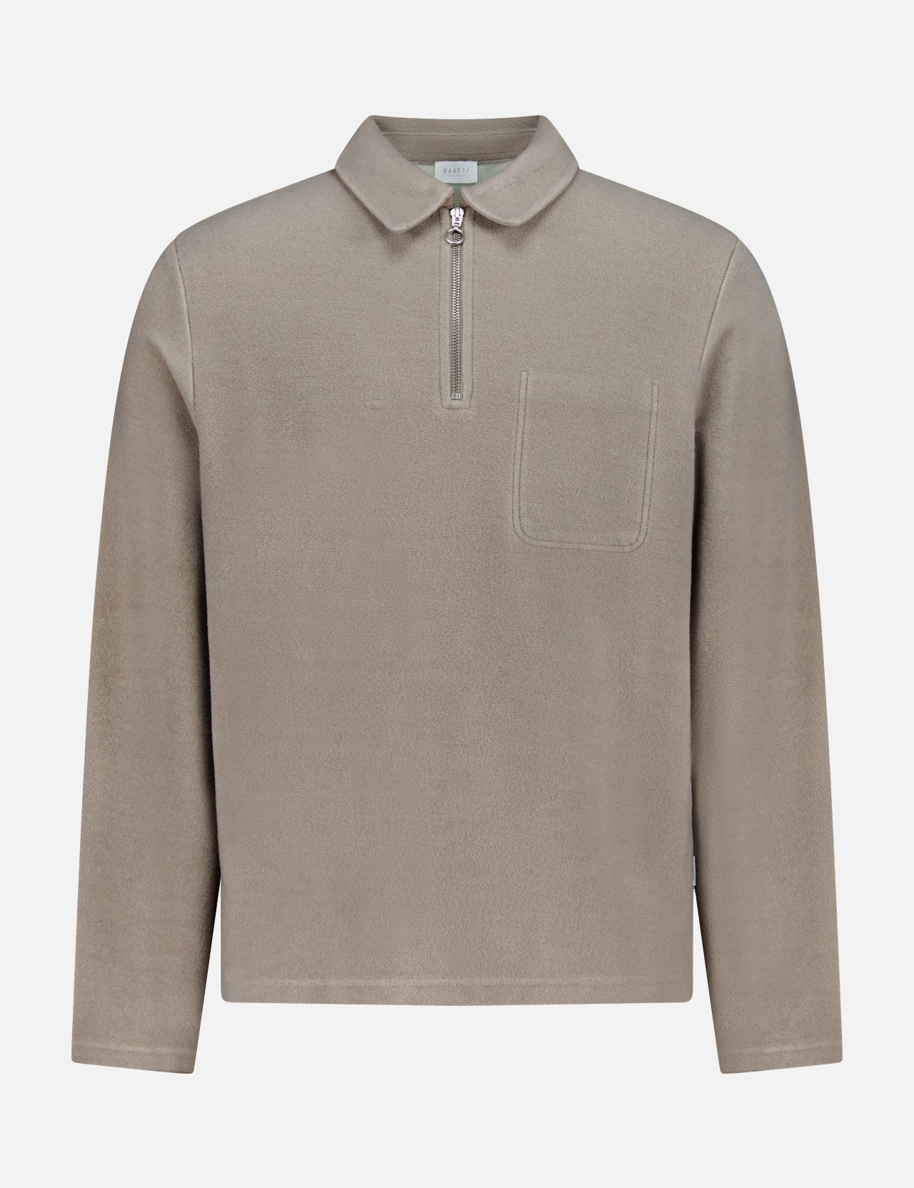 Beige 04651/ A TRIP IN A BAG CW Quarter Zip Polo Pullover in a long-sleeved wool cotton blend, featuring a quarter-zip closure and a single chest pocket.