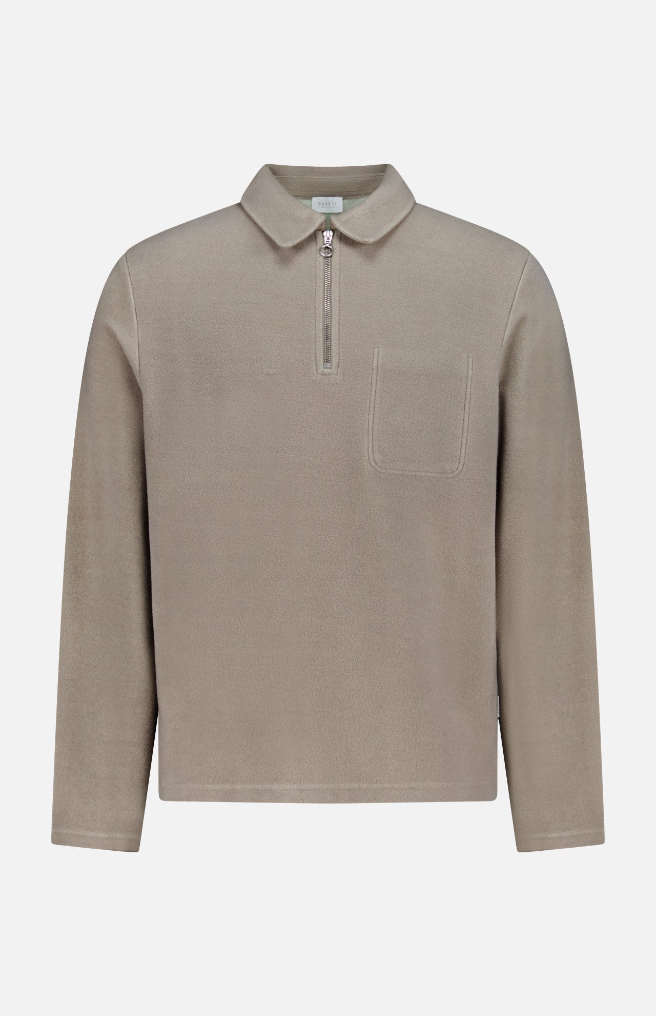 Beige 04651/ A TRIP IN A BAG CW Quarter Zip Polo Pullover in a long-sleeved wool cotton blend, featuring a quarter-zip closure and a single chest pocket.