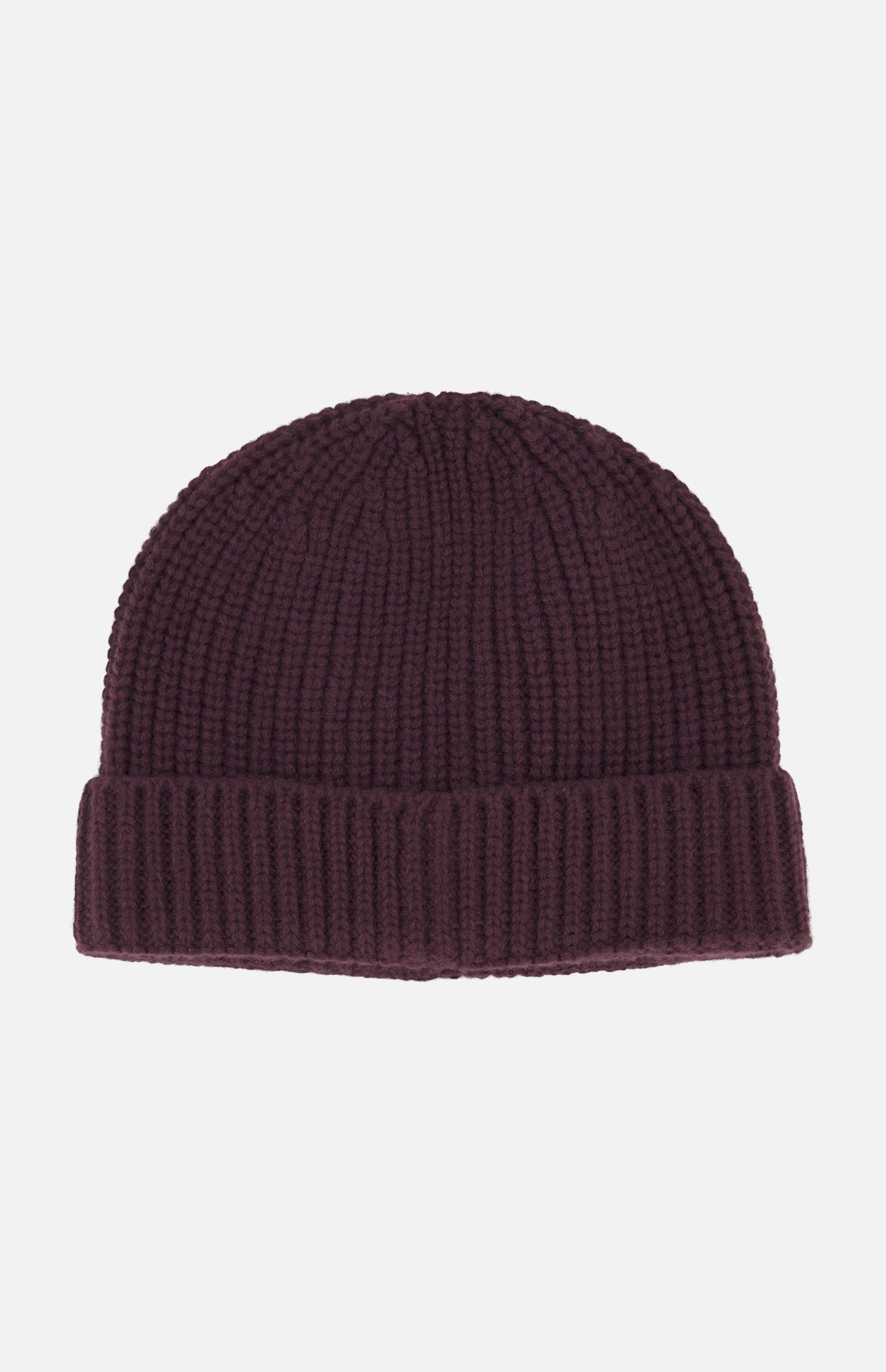 Deep maroon Extreme Cashmere Beanie in ribbed knit cashmere with a folded cuff.
