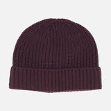 Deep purple, wine-colored 04651/ A TRIP IN A BAG Extreme Cashmere Beanie in a ribbed knit with a folded cuff.