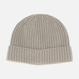 Extreme Cashmere Beanie in taupe ribbed knit cashmere with a folded cuff.