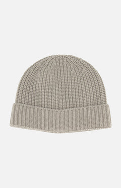 Extreme Cashmere Beanie in taupe ribbed knit cashmere with a folded cuff.