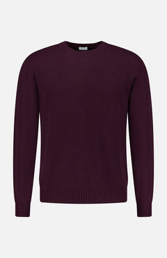 The 04651/ A TRIP IN A BAG Extreme Cashmere Crewneck Sweater, featuring a plain, long-sleeved design in dark purple, is displayed against a white background.