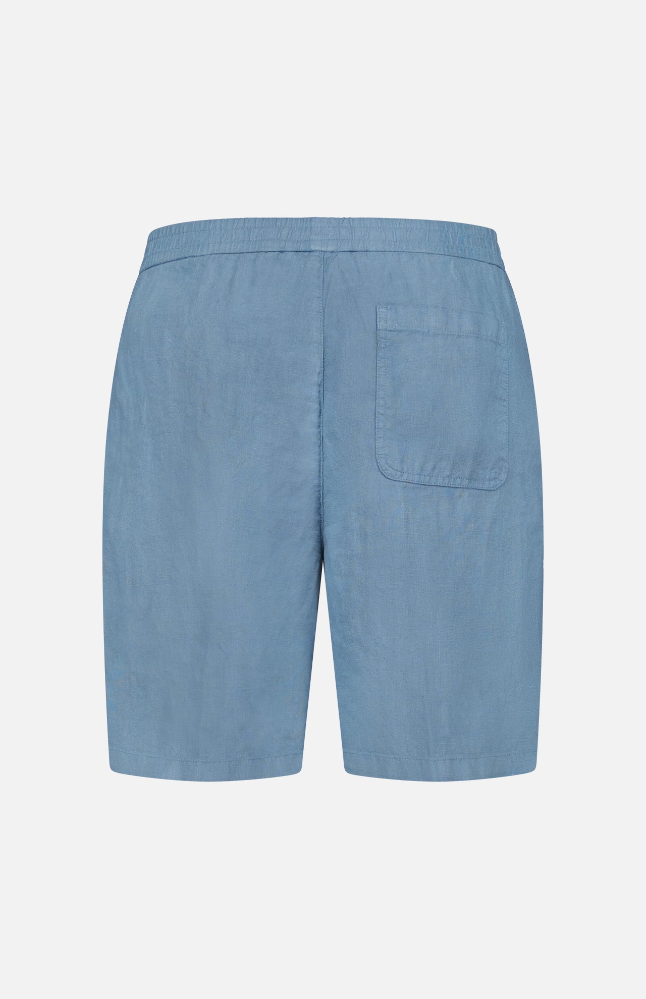 Back view of the 04651/ A TRIP IN A BAG Linen Bermuda Short in light blue, featuring an elastic waistband and a right-side patch pocket. Made in Portugal, shown against a plain white background.