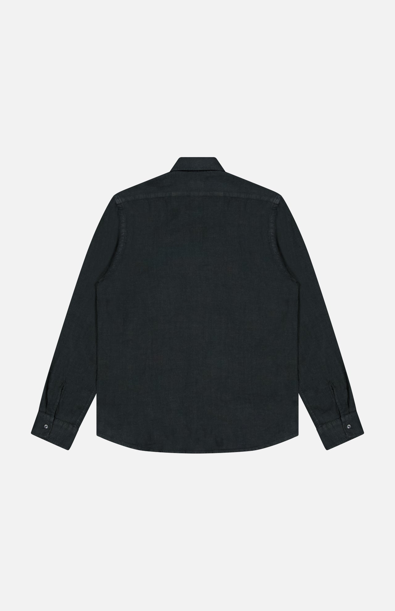 The 04651/ A TRIP IN A BAG Linen Button-down Shirt in black is displayed laid flat with its back facing up on a plain white background.