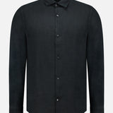 The 04651/ A TRIP IN A BAG Linen Button-down Shirt features long sleeves, a collar, and a classic black linen design, displayed on a white background.