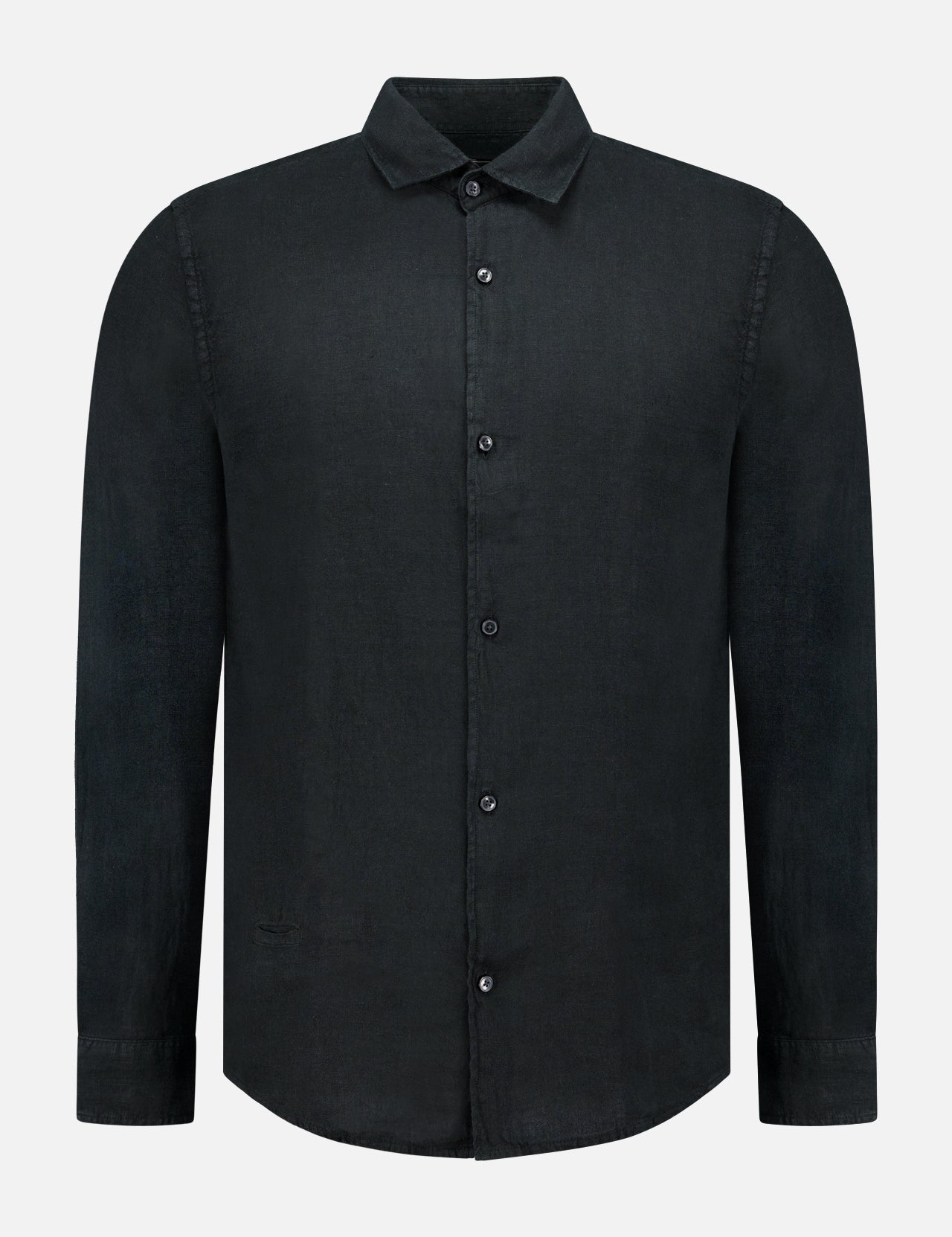 The 04651/ A TRIP IN A BAG Linen Button-down Shirt features long sleeves, a collar, and a classic black linen design, displayed on a white background.