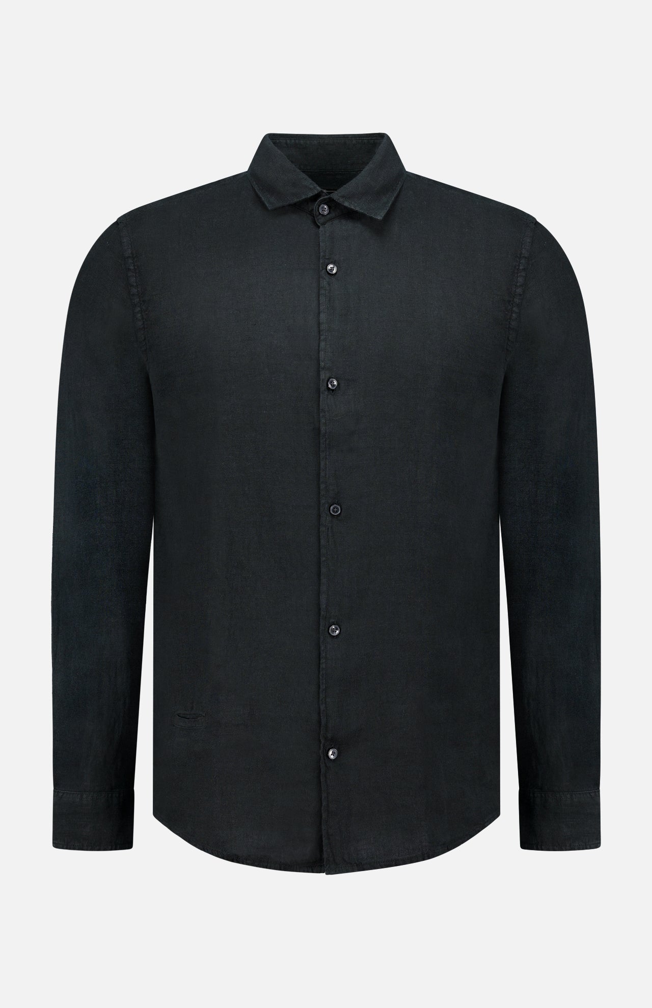 The 04651/ A TRIP IN A BAG Linen Button-down Shirt features long sleeves, a collar, and a classic black linen design, displayed on a white background.