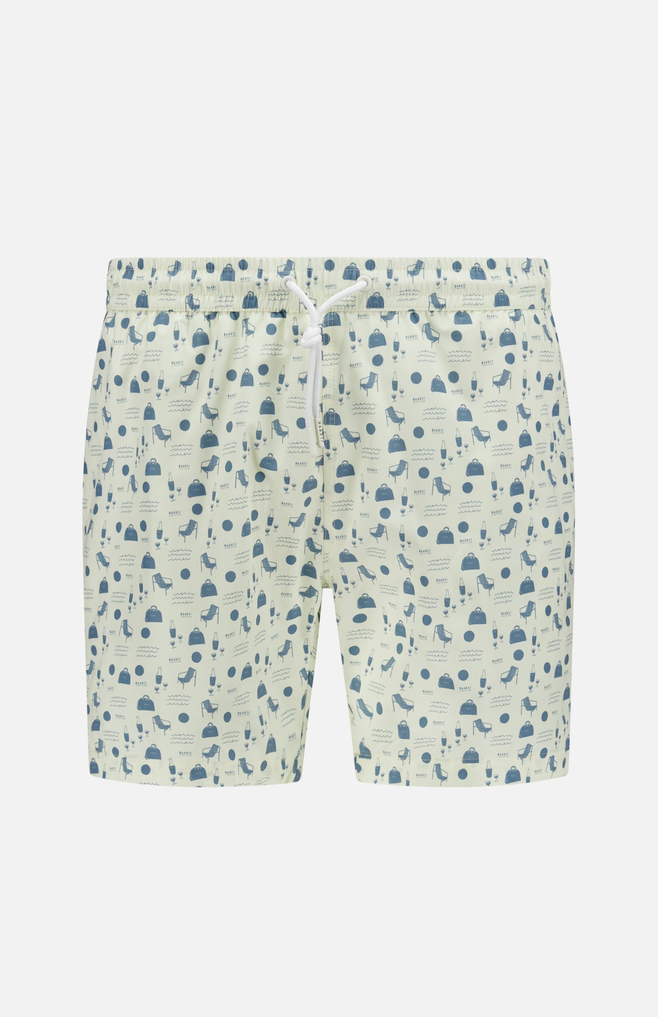 The Seaside Swim Trunk by 04651/ A TRIP IN A BAG features a light yellow base, white drawstring waistband, and a blue and dark green abstract pattern—ideal for summer beachwear. Displayed on a plain white background.