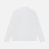 The Terry Johnny Long Sleeve Collar Polo Shirt by 04651/ A TRIP IN A BAG is shown laid flat from the back, featuring a high neckline and a plain white cotton terry fabric with no visible designs or logos.