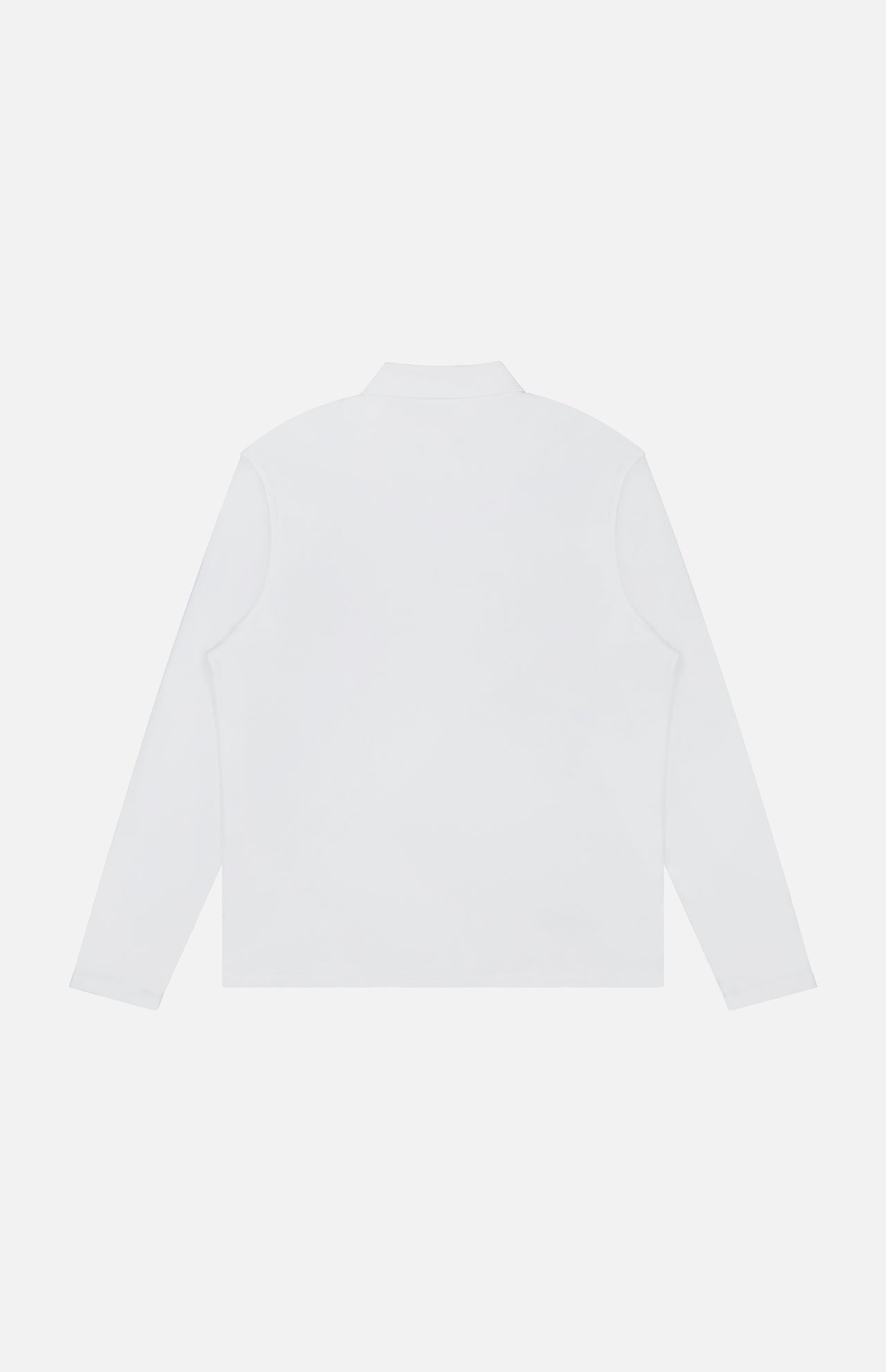 The Terry Johnny Long Sleeve Collar Polo Shirt by 04651/ A TRIP IN A BAG is shown laid flat from the back, featuring a high neckline and a plain white cotton terry fabric with no visible designs or logos.
