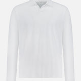 The Terry Johnny Long Sleeve Collar Polo Shirt by 04651/ A TRIP IN A BAG is a classic white polo crafted from soft cotton terry, featuring a simple collar and shown against a clean white background.