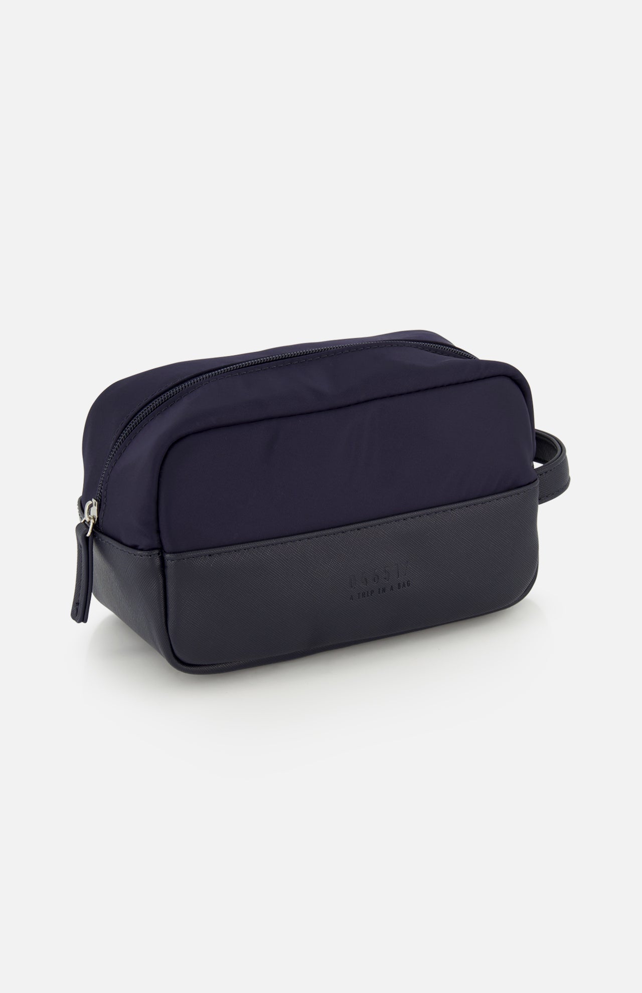 The 04651/ A TRIP IN A BAG Travel Washbag in navy has a zipper, side handle, and leather-textured bottom—ideal for travel essentials—shown against a plain white background.