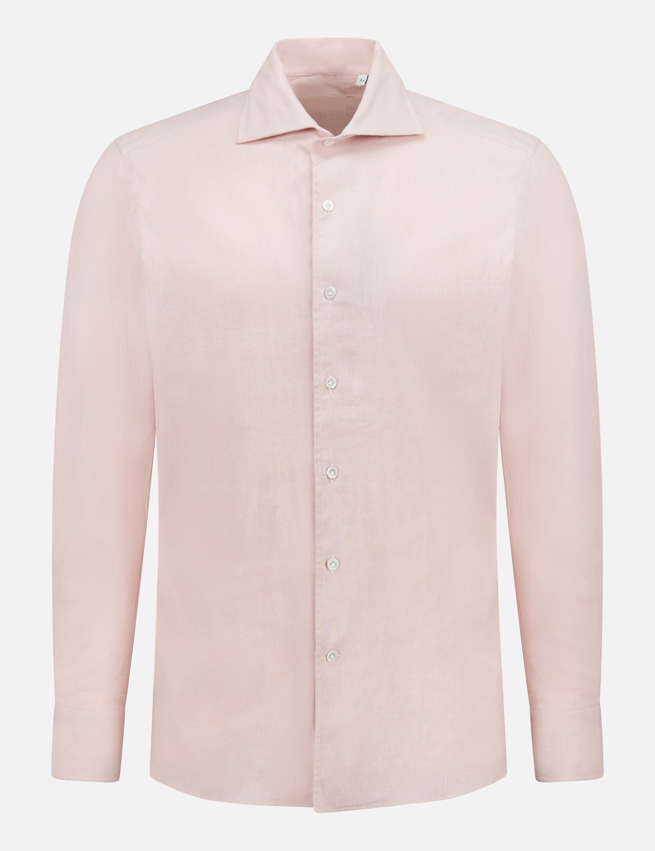 The Canvas Dress Shirt by 100 HANDS is a light pink, long-sleeve cotton hemp shirt with a classic collar, handmade in India and shown on a plain white background.