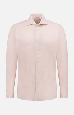 The Canvas Dress Shirt by 100 HANDS is a light pink, long-sleeve cotton hemp shirt with a classic collar, handmade in India and shown on a plain white background.
