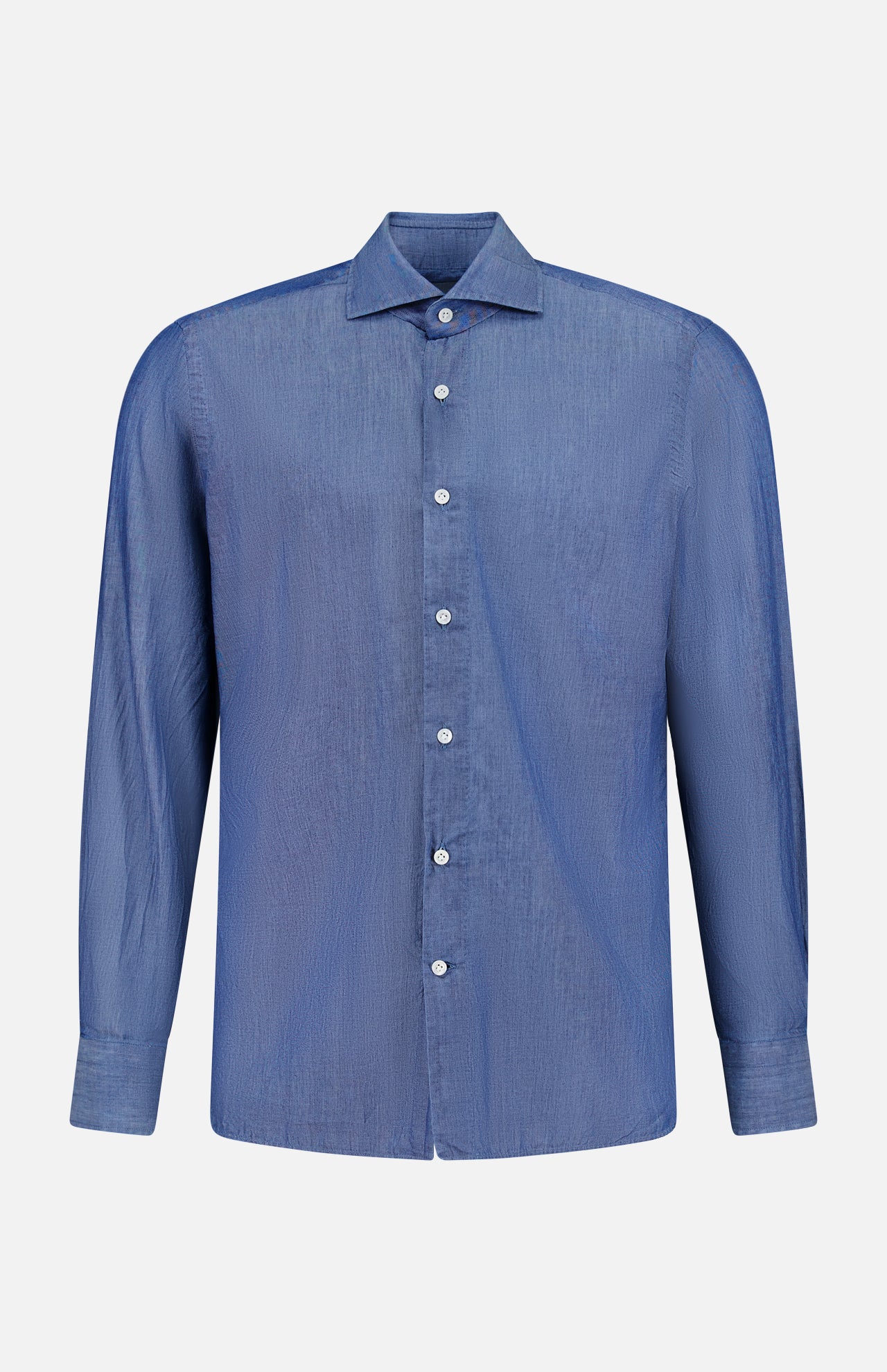 The 100 HANDS Denim Twill Shirt features long sleeves, a button-up front, and a classic collar in navy denim, shown against a plain white background.