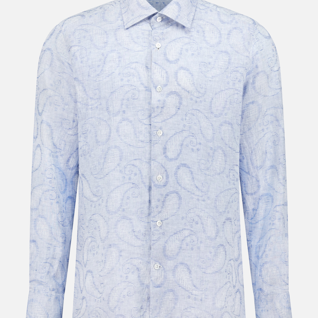 The Jacquard Paisley Dress Shirt by 100 HANDS is a light blue, long-sleeve button-up with a classic collar and white buttons, showcased on a plain white background.