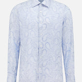 The Jacquard Paisley Dress Shirt by 100 HANDS is a light blue, long-sleeve button-up with a classic collar and white buttons, showcased on a plain white background.
