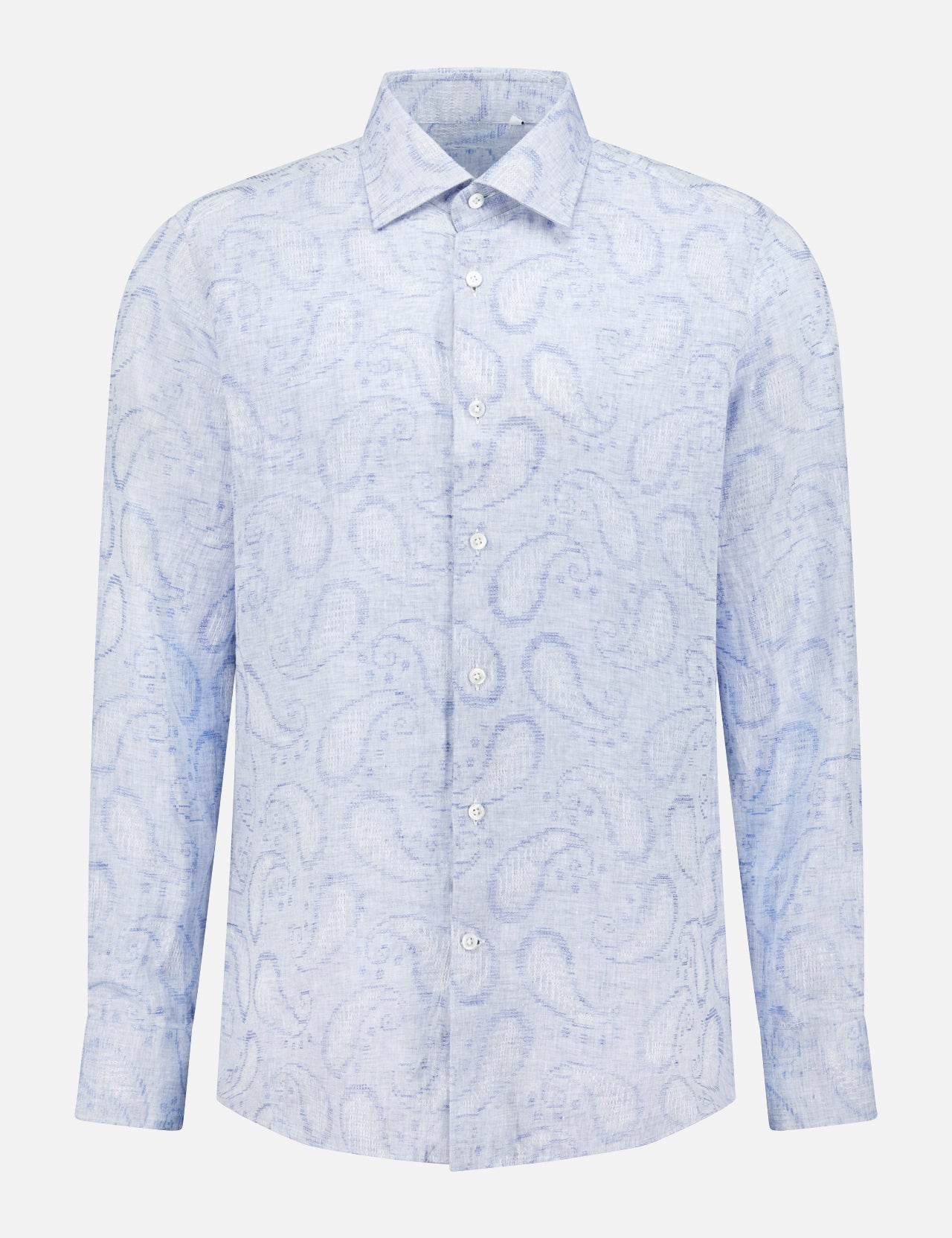 The Jacquard Paisley Dress Shirt by 100 HANDS is a light blue, long-sleeve button-up with a classic collar and white buttons, showcased on a plain white background.