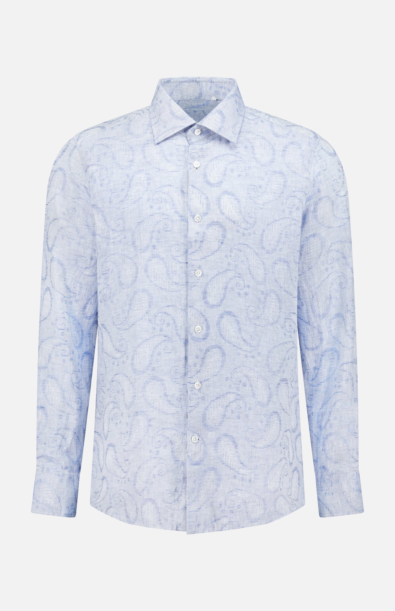 The Jacquard Paisley Dress Shirt by 100 HANDS is a light blue, long-sleeve button-up with a classic collar and white buttons, showcased on a plain white background.