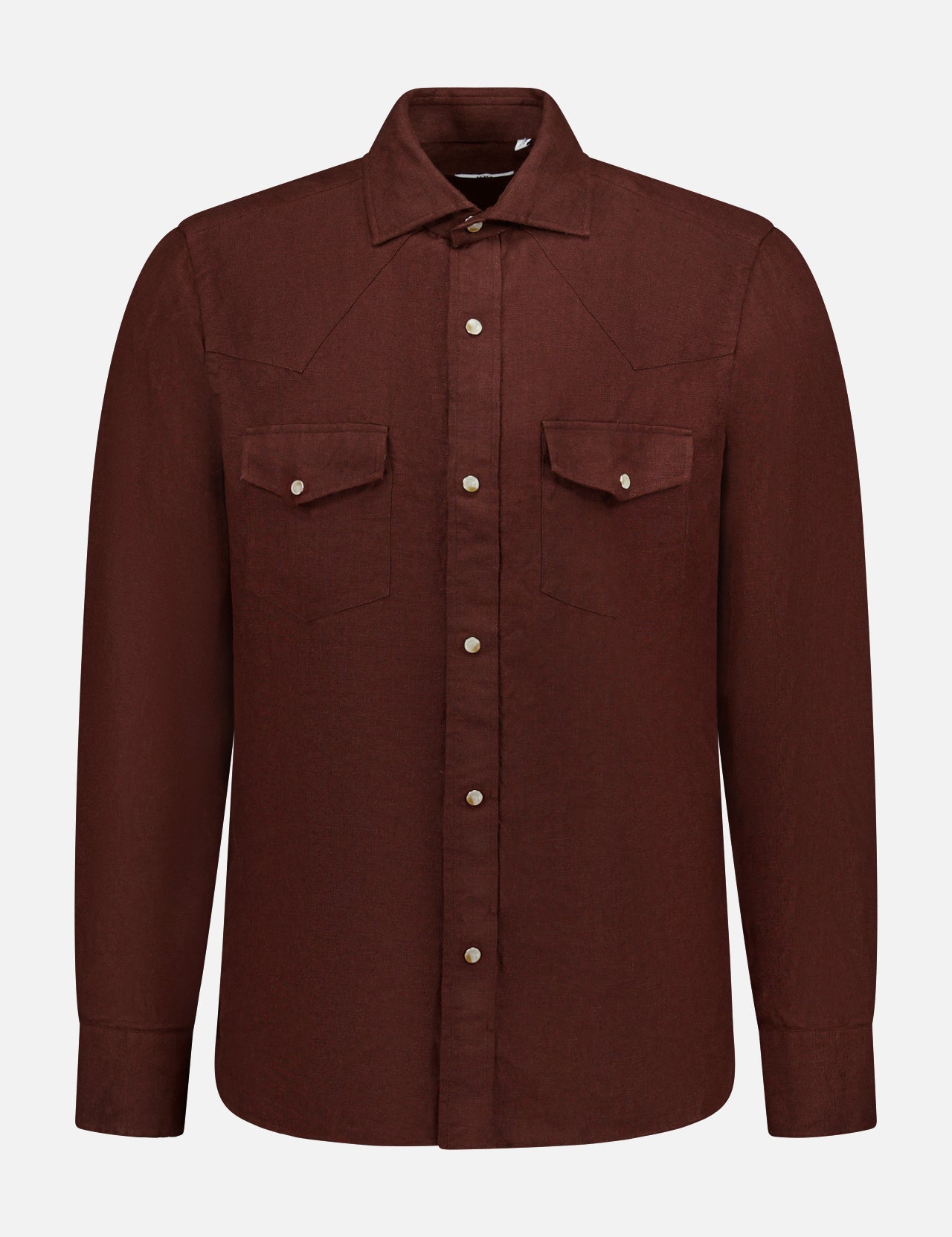The 100 HANDS Linen Western Snap Shirt is a long-sleeve, dark brown linen shirt from India, featuring snap buttons, two flap chest pockets, pointed collar, and straight hem. Shown on a plain white background.