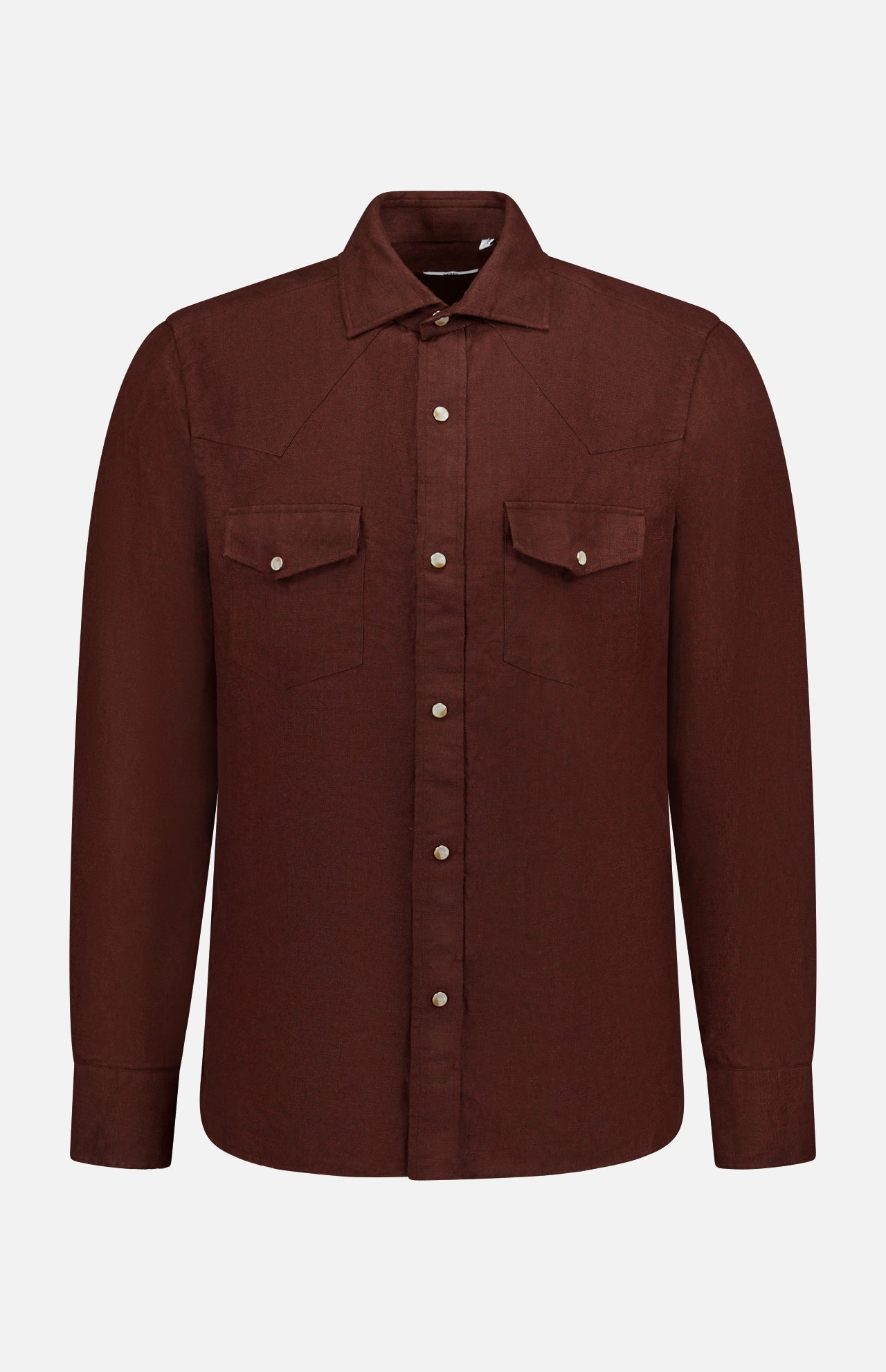 The 100 HANDS Linen Western Snap Shirt is a long-sleeve, dark brown linen shirt from India, featuring snap buttons, two flap chest pockets, pointed collar, and straight hem. Shown on a plain white background.