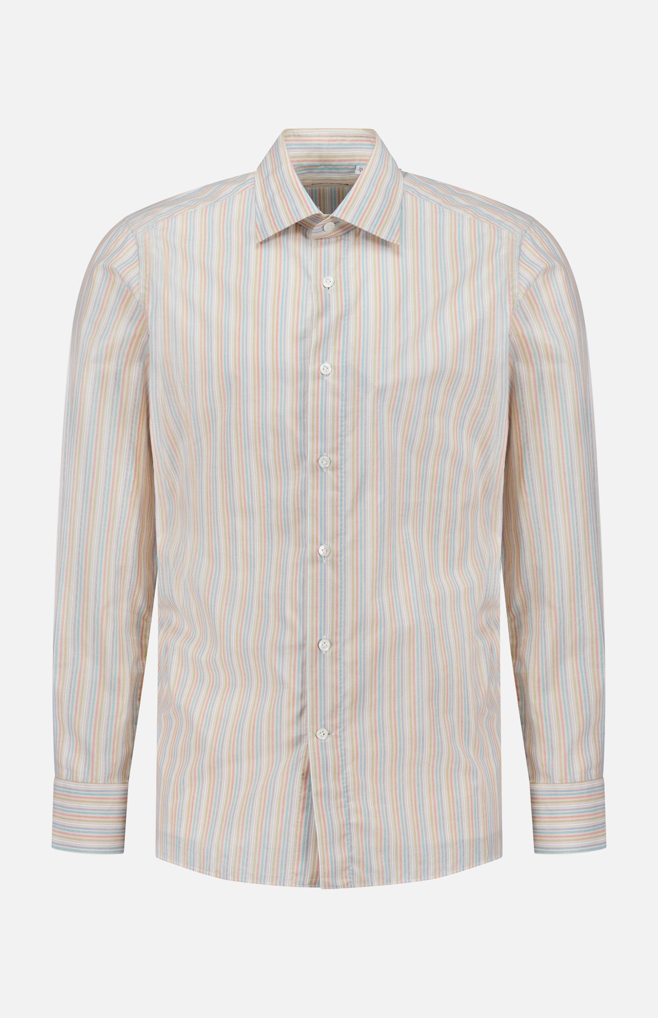 The 100 HANDS Multi Stripe Dress Shirt is a long-sleeved, collared, button-up shirt with vertical blue, orange, and beige pastel stripes on a light background, showcased neatly against a plain white backdrop.