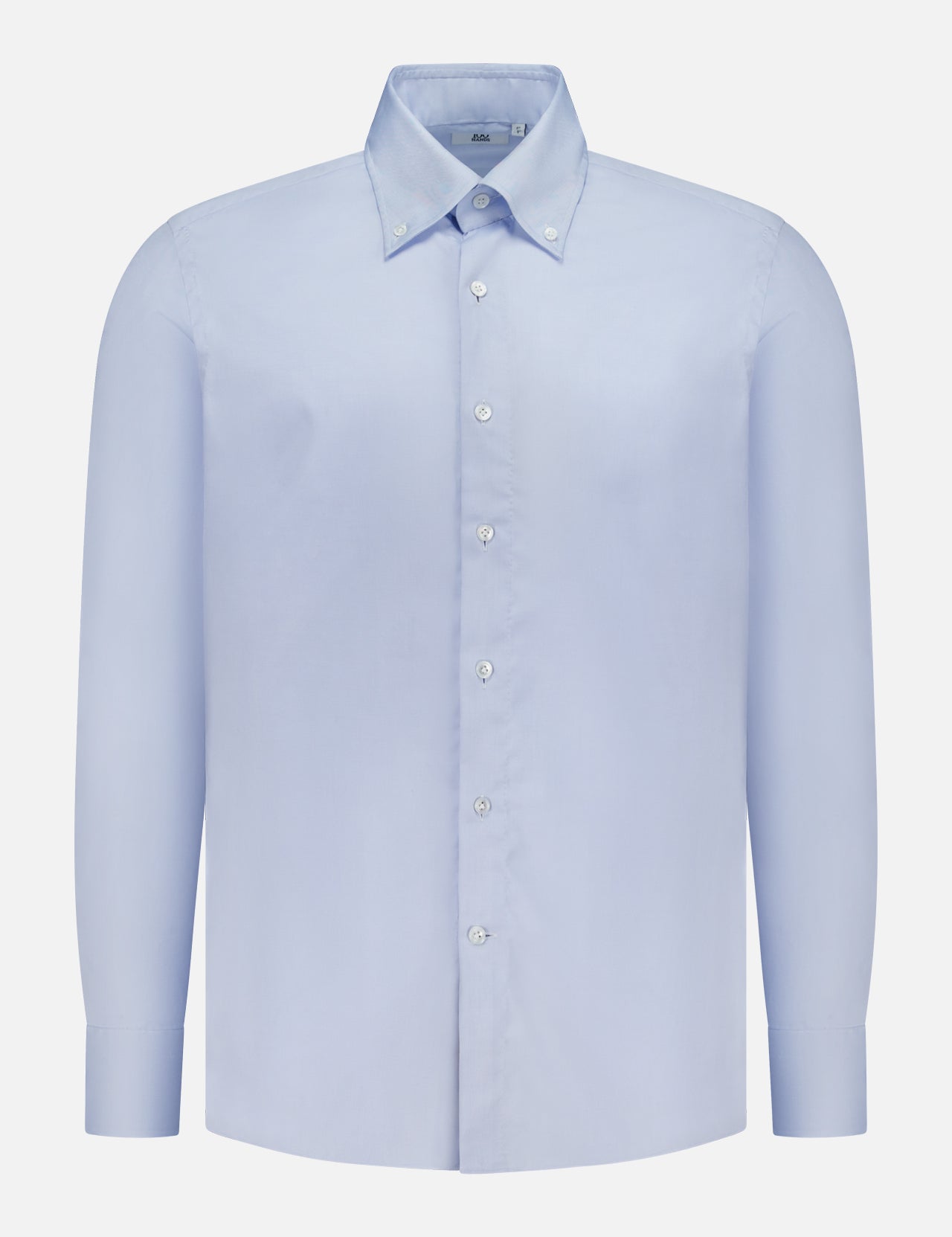 The 100 HANDS Oxford Casual Fit Shirt is a light blue men’s cotton shirt featuring long sleeves, a button-up front with white buttons, and a collar. Made in India, it is displayed against a plain white background.