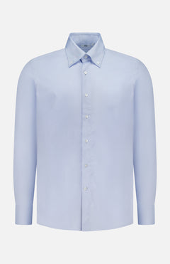 The 100 HANDS Oxford Casual Fit Shirt is a light blue men’s cotton shirt featuring long sleeves, a button-up front with white buttons, and a collar. Made in India, it is displayed against a plain white background.